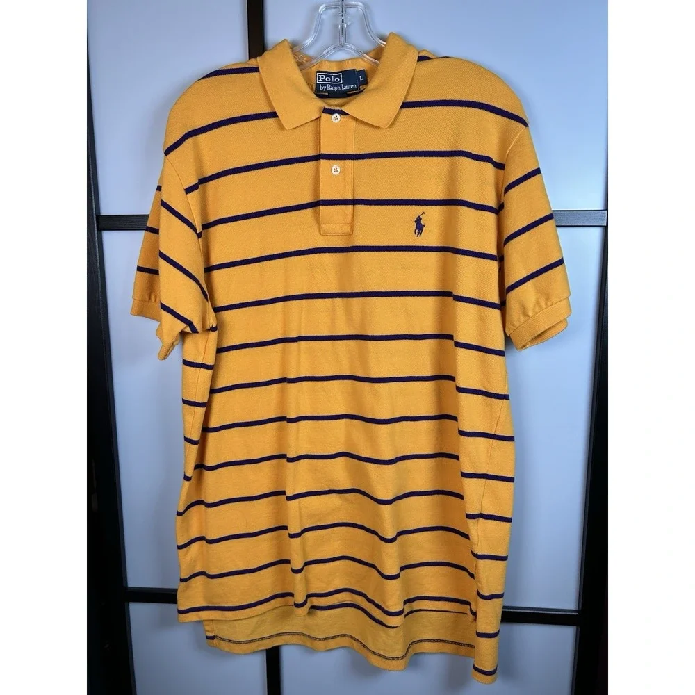 Vintage Polo Ralph Lauren Shirt Large‎ Yellow Blue Striped Pique Mesh Pony Y2K